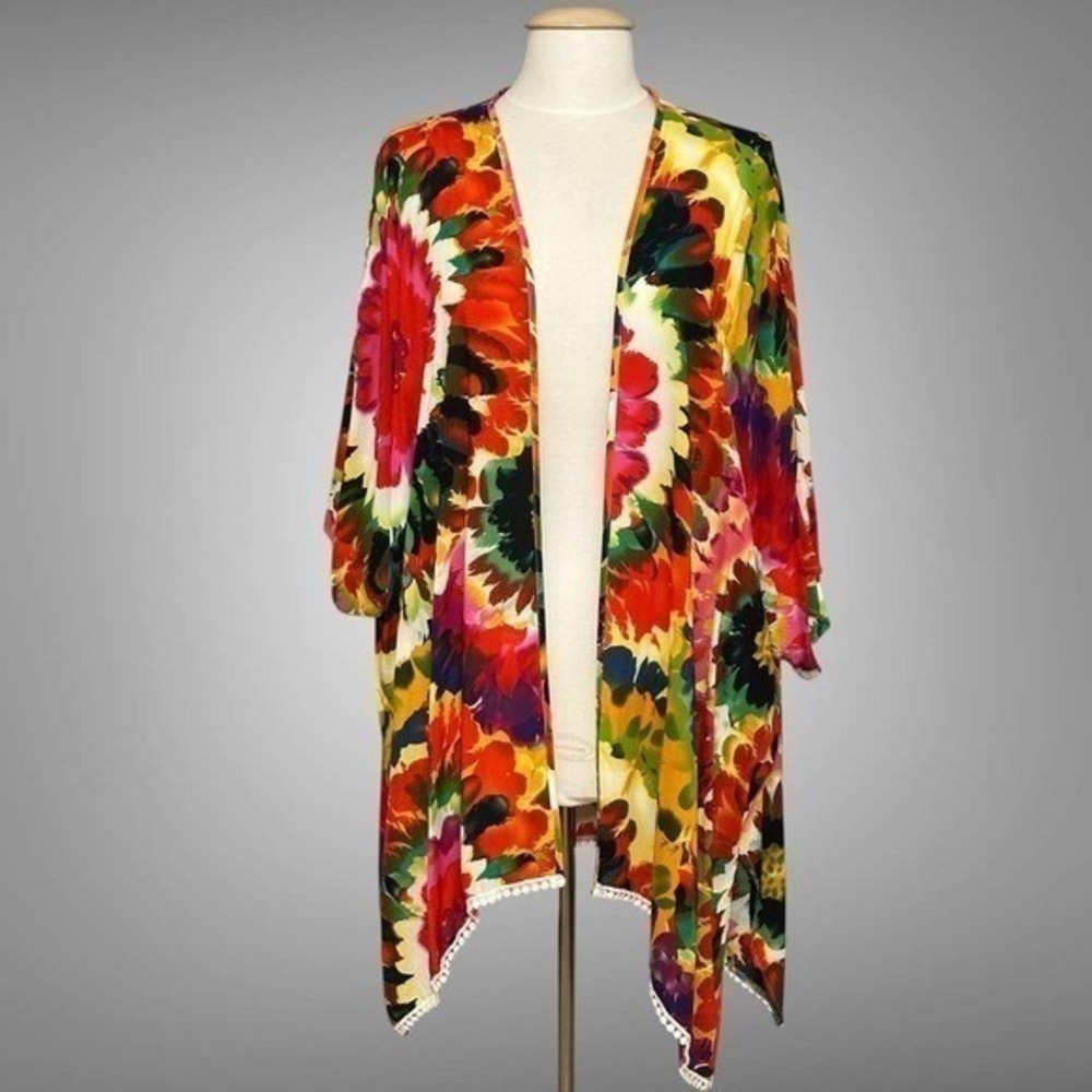 Rainbow Tie Dye Womens Top  L Colorful Open Kimono Festival Boho Cover Up